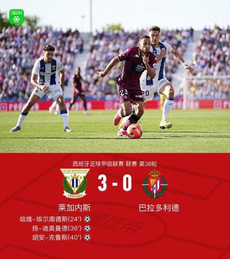  莱加内斯3-0胜巴拉多利德仍遭降级，扬-迪奥曼德传射建功